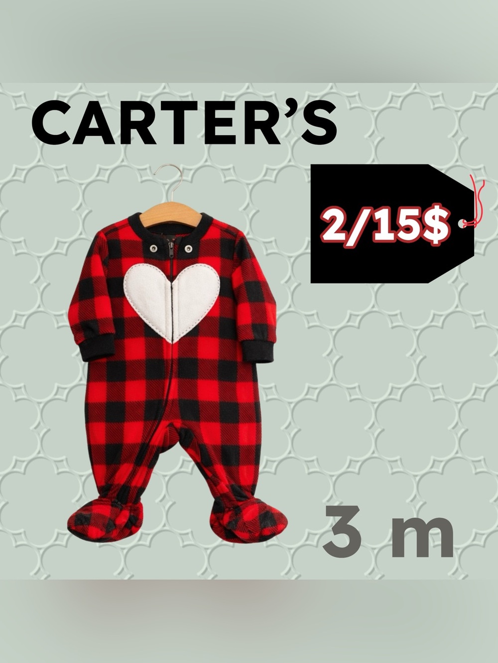 ❄️2/15$🇺🇸👍GUC CARTER’S | 3 m | Cozy Unisex Red Plaid Heart Stitched Warm Pyjama
